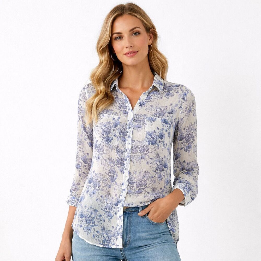 Cloth & Stone Shirt Womens Small Blue Floral Button Up Long Sleeve Rayon Top